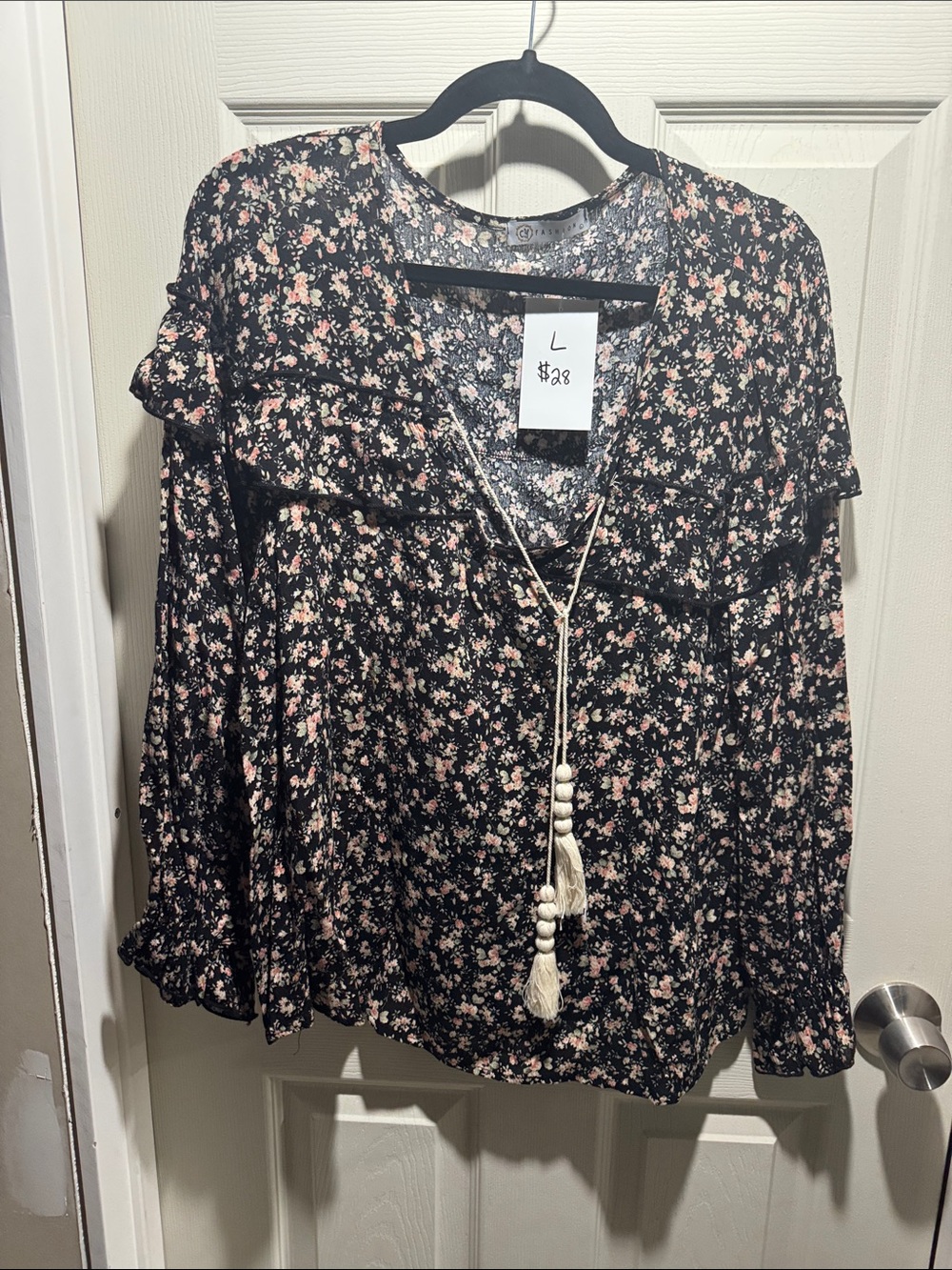 Women's Black Floral V-Neck Ruffle Blouse
